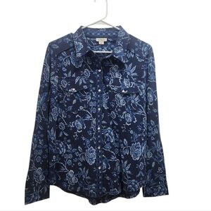 SUNDANCE Blue Floral Pearl Snap Shirt Women's Size M Cottagecore Boho Western